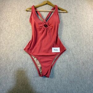 Kona Sol Ribbed One Piece Swimsuit Coral Pink O-Ring Tie Back Small